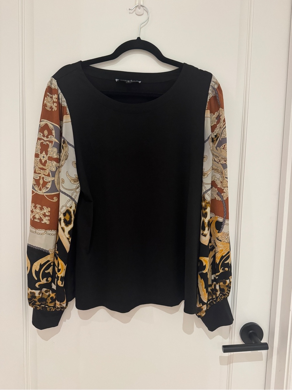 Black Blouse with Patterned Balloon Sleeves